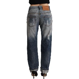 Blue Tattered Mid Waist Straight Denim Cotton Jeans