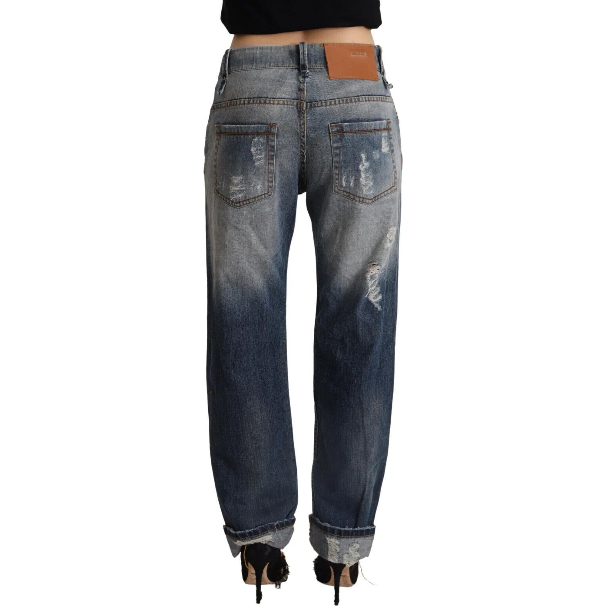 Blue Tattered Mid Waist Straight Denim Cotton Jeans
