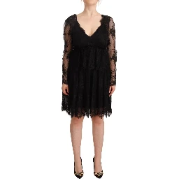 Black Floral Lace Cotton Long Sleeves V-neck Shift Dress
