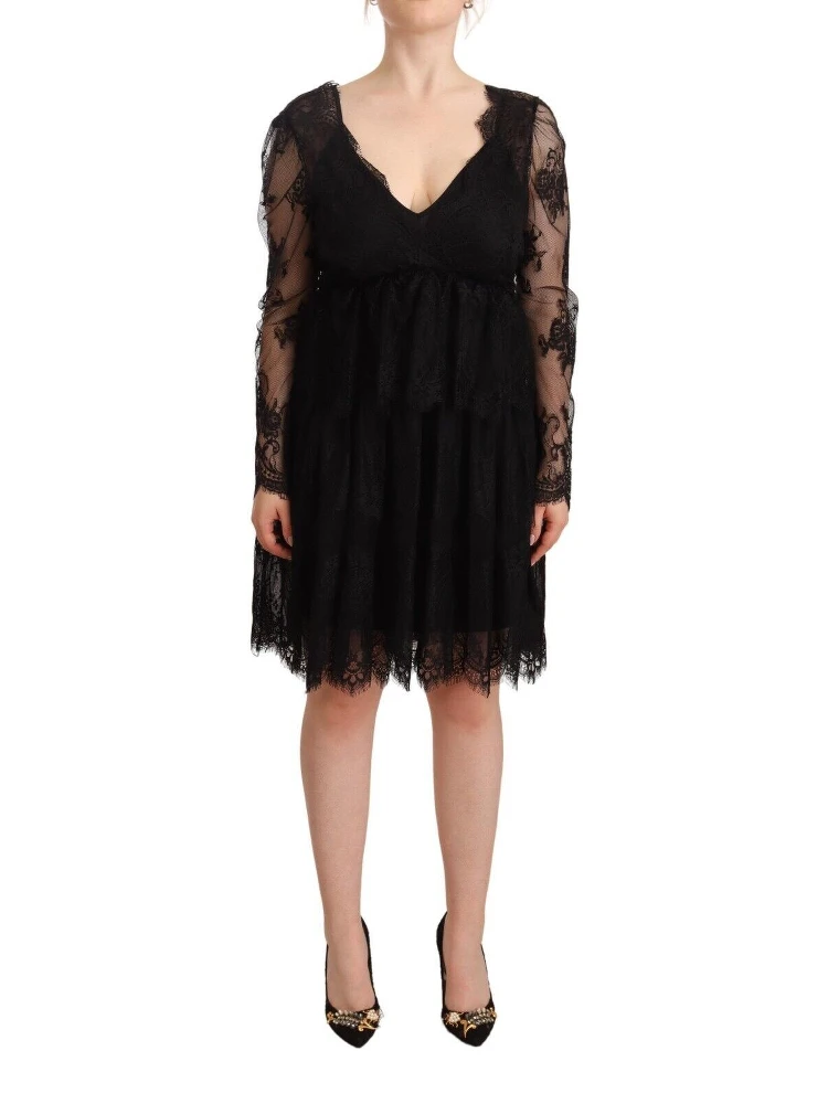 Black Floral Lace Cotton Long Sleeves V-neck Shift Dress