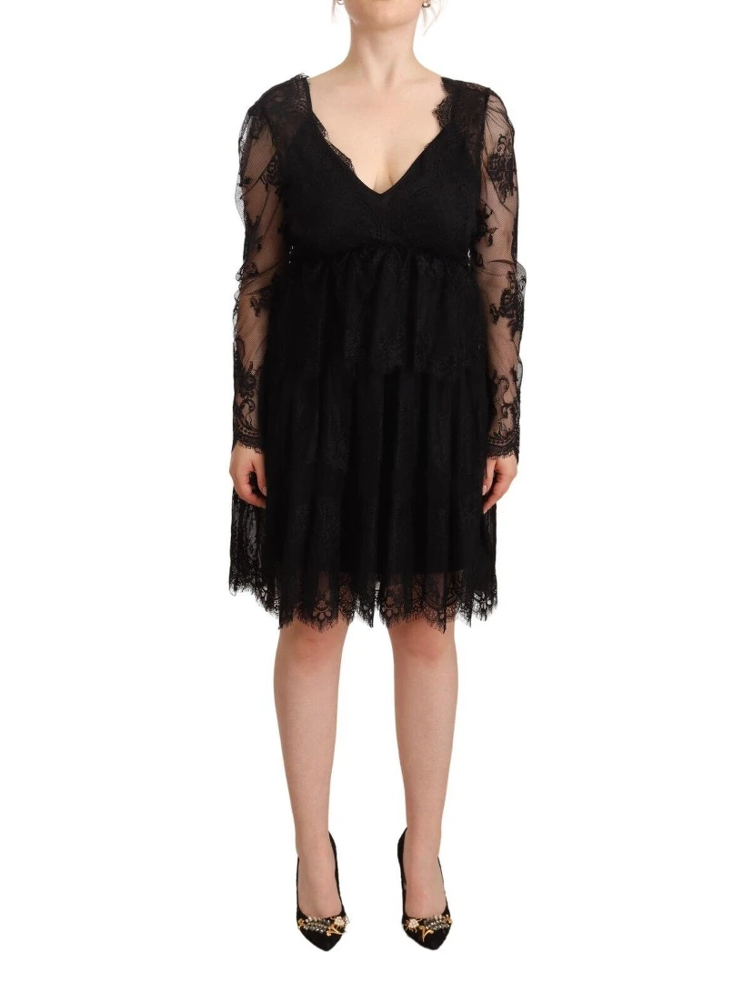 Black Floral Lace Cotton Long Sleeves V-neck Shift Dress