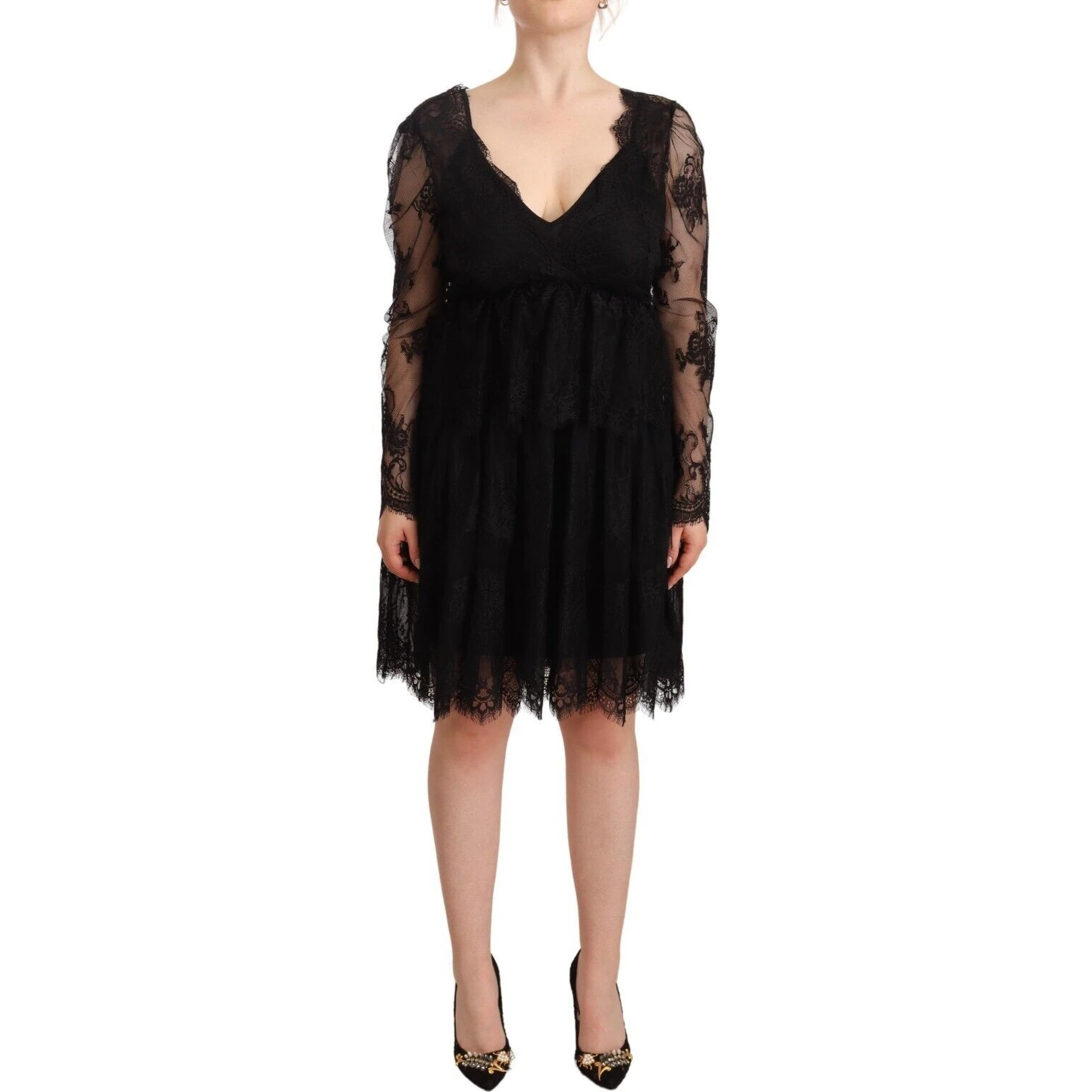 Black Floral Lace Cotton Long Sleeves V-neck Shift Dress