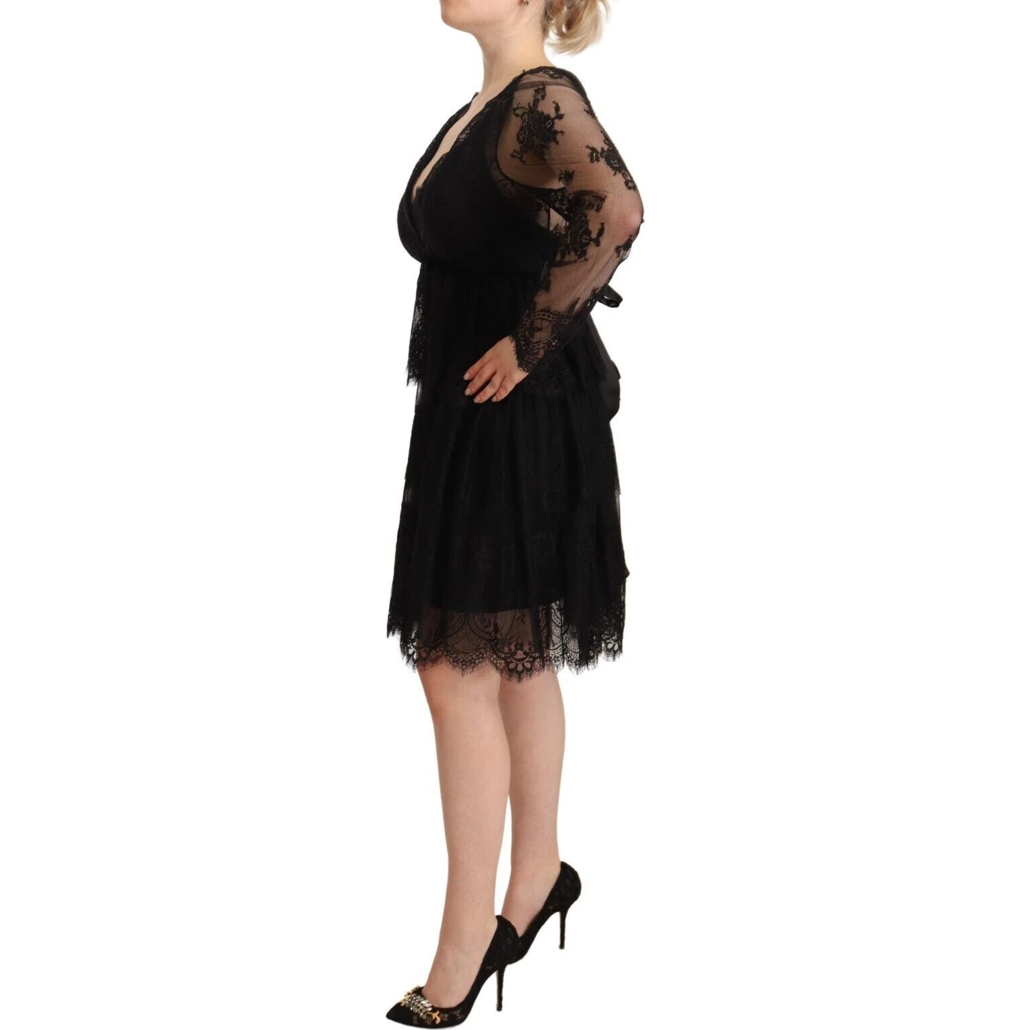 Black Floral Lace Cotton Long Sleeves V-neck Shift Dress