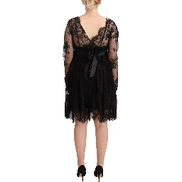 Black Floral Lace Cotton Long Sleeves V-neck Shift Dress