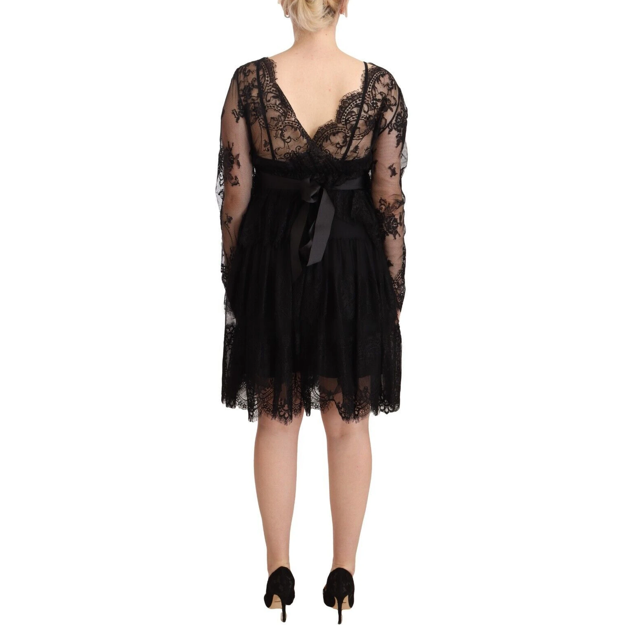 Black Floral Lace Cotton Long Sleeves V-neck Shift Dress