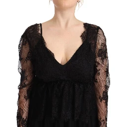 Black Floral Lace Cotton Long Sleeves V-neck Shift Dress