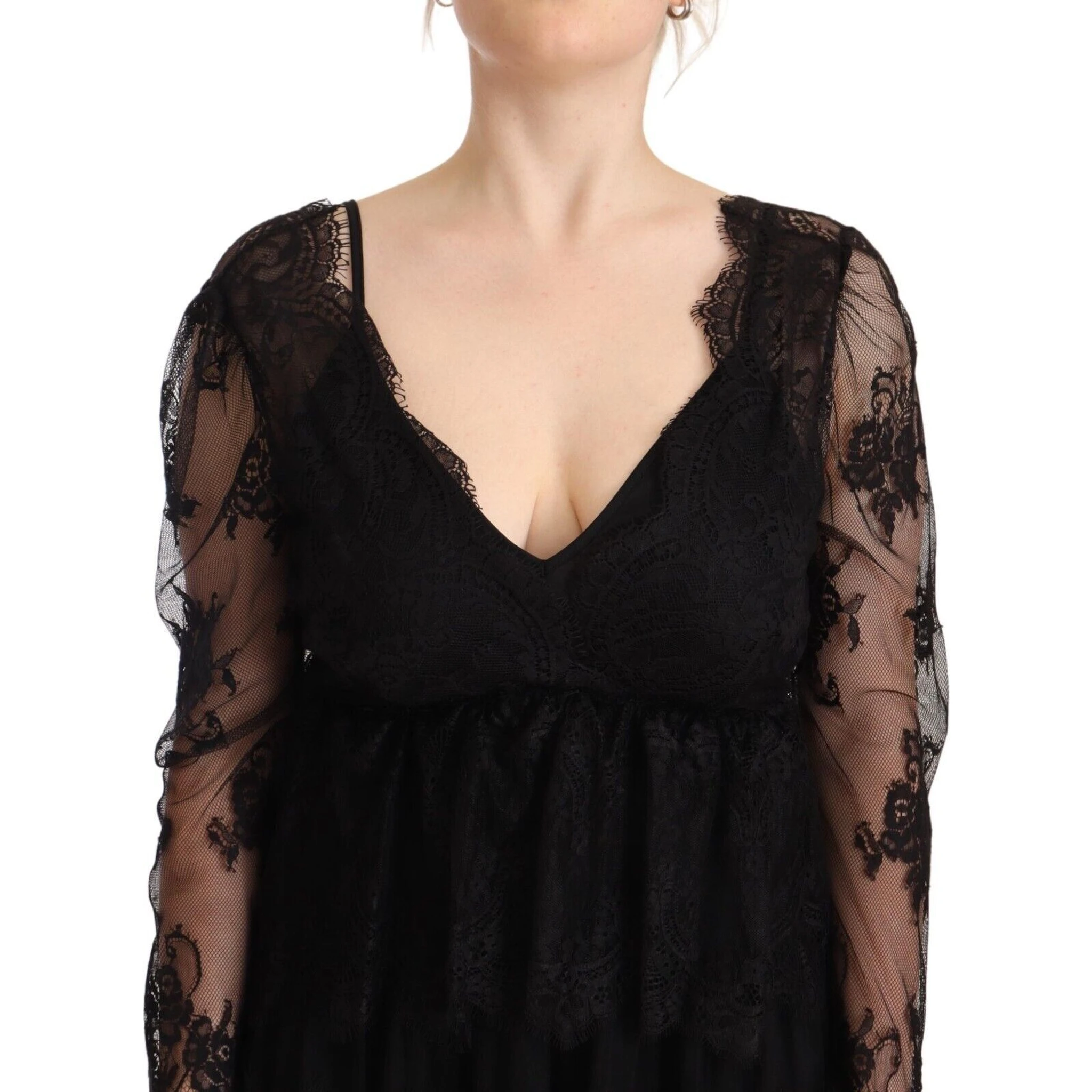 Black Floral Lace Cotton Long Sleeves V-neck Shift Dress