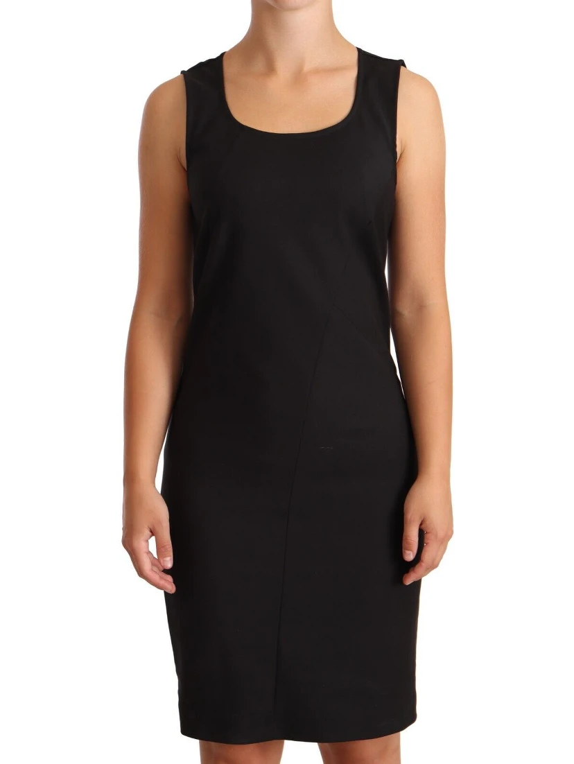 Black Cotton Blend Sleeveless Knee Length Sheath Dress
