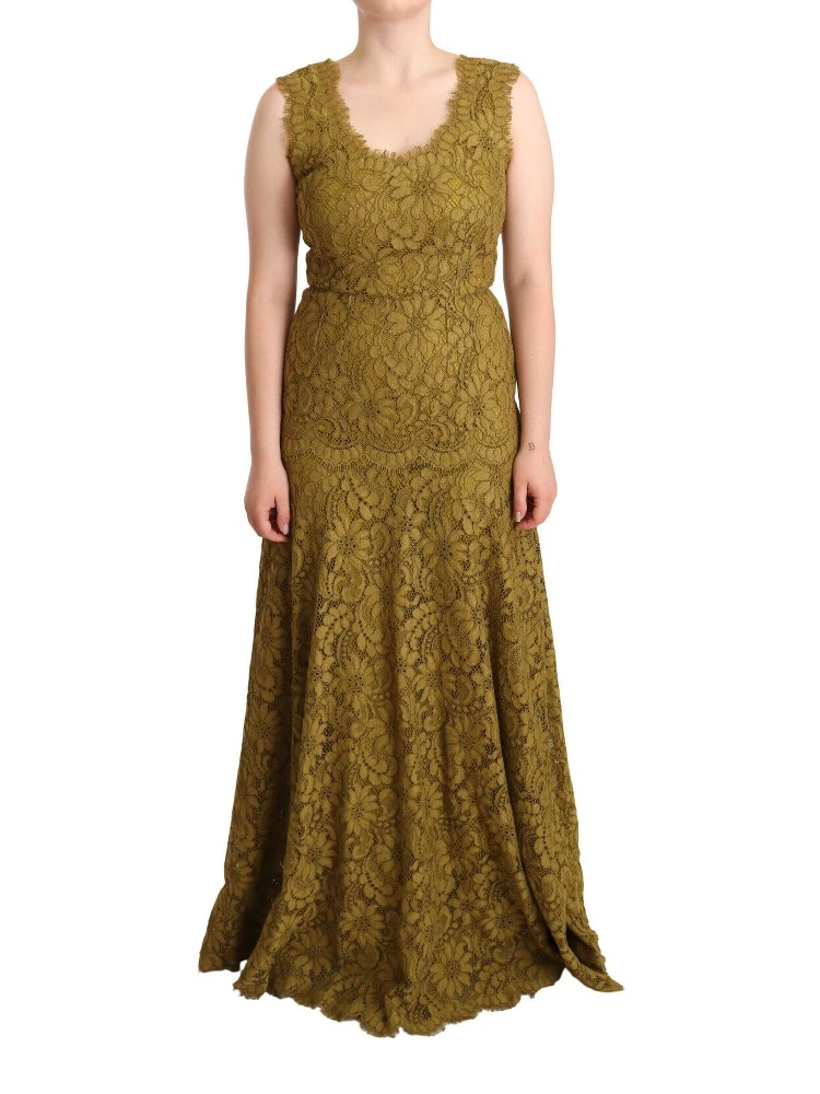 Brown Floral Lace Maxi Floor Length Dress