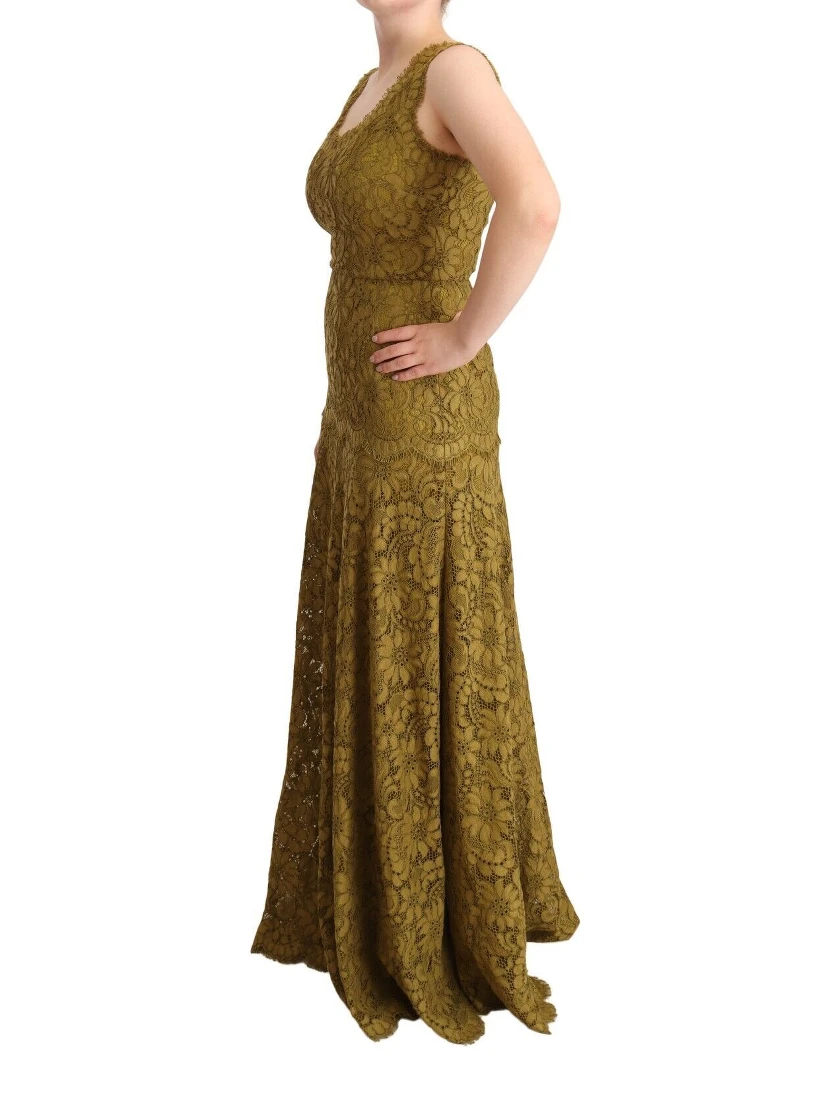 Brown Floral Lace Maxi Floor Length Dress
