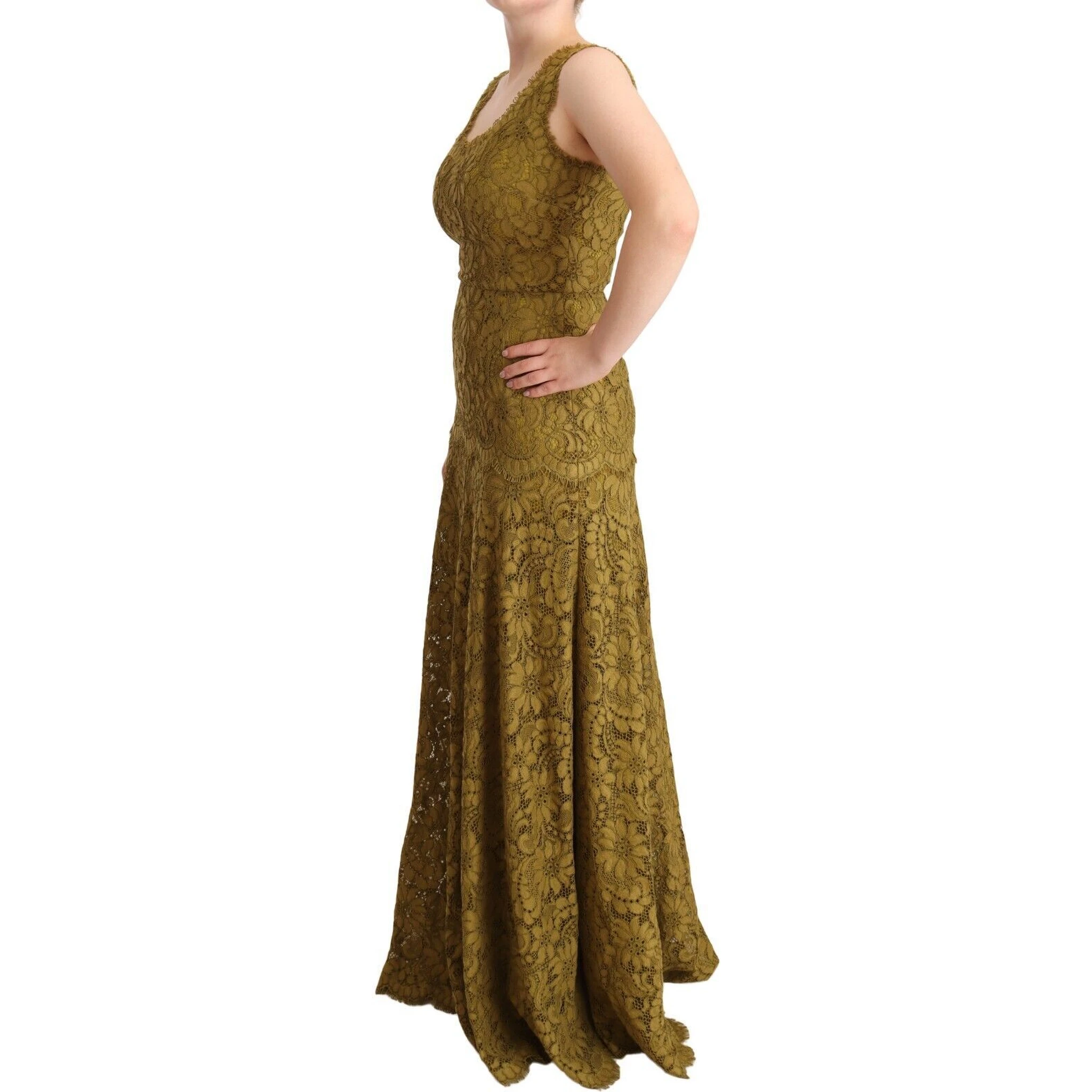 Brown Floral Lace Maxi Floor Length Dress