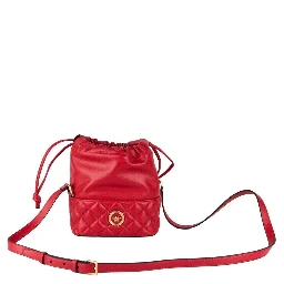 Red Quilted Leather Drawstring Shoulder Bag Bucket Crossbody Handbag