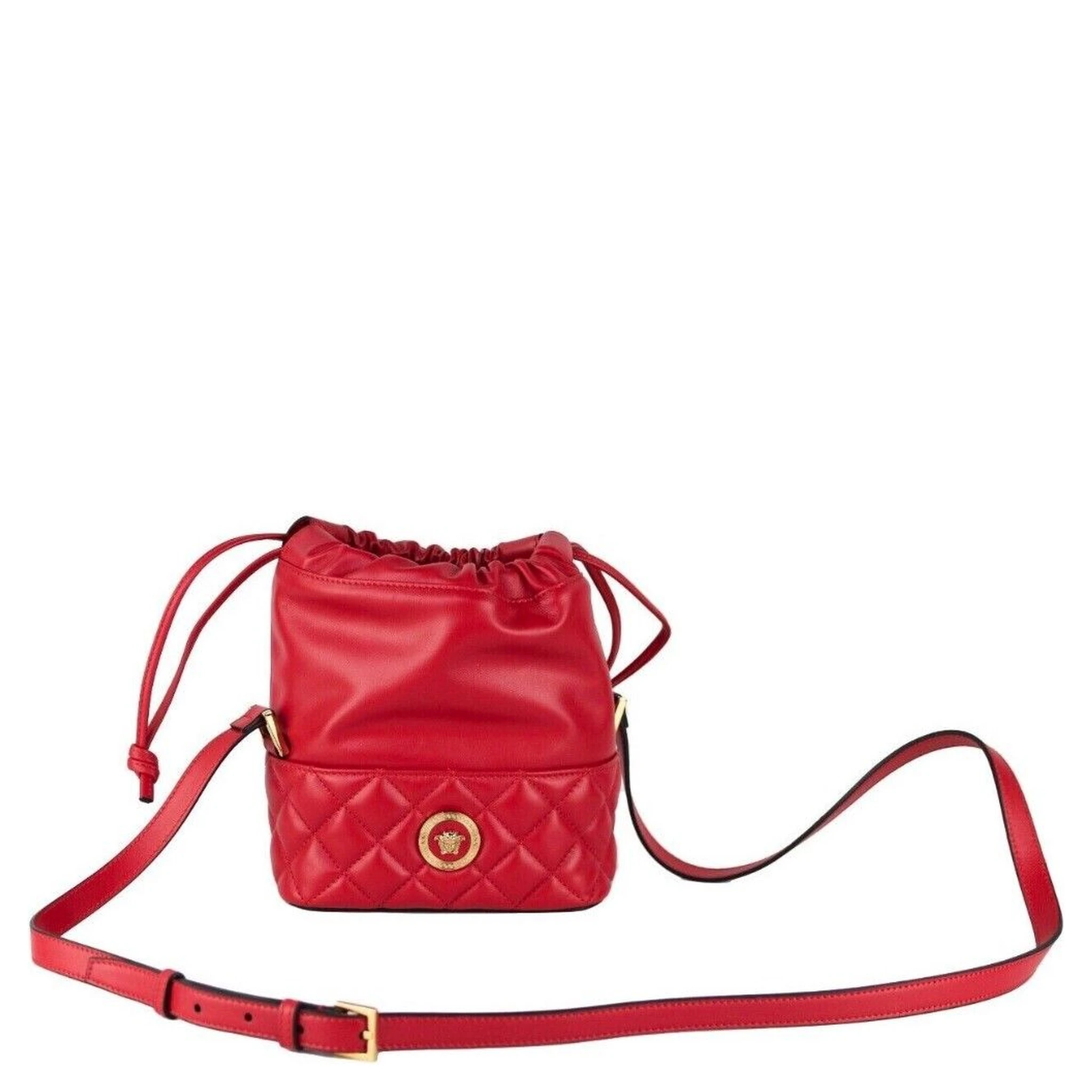 Red Quilted Leather Drawstring Shoulder Bag Bucket Crossbody Handbag