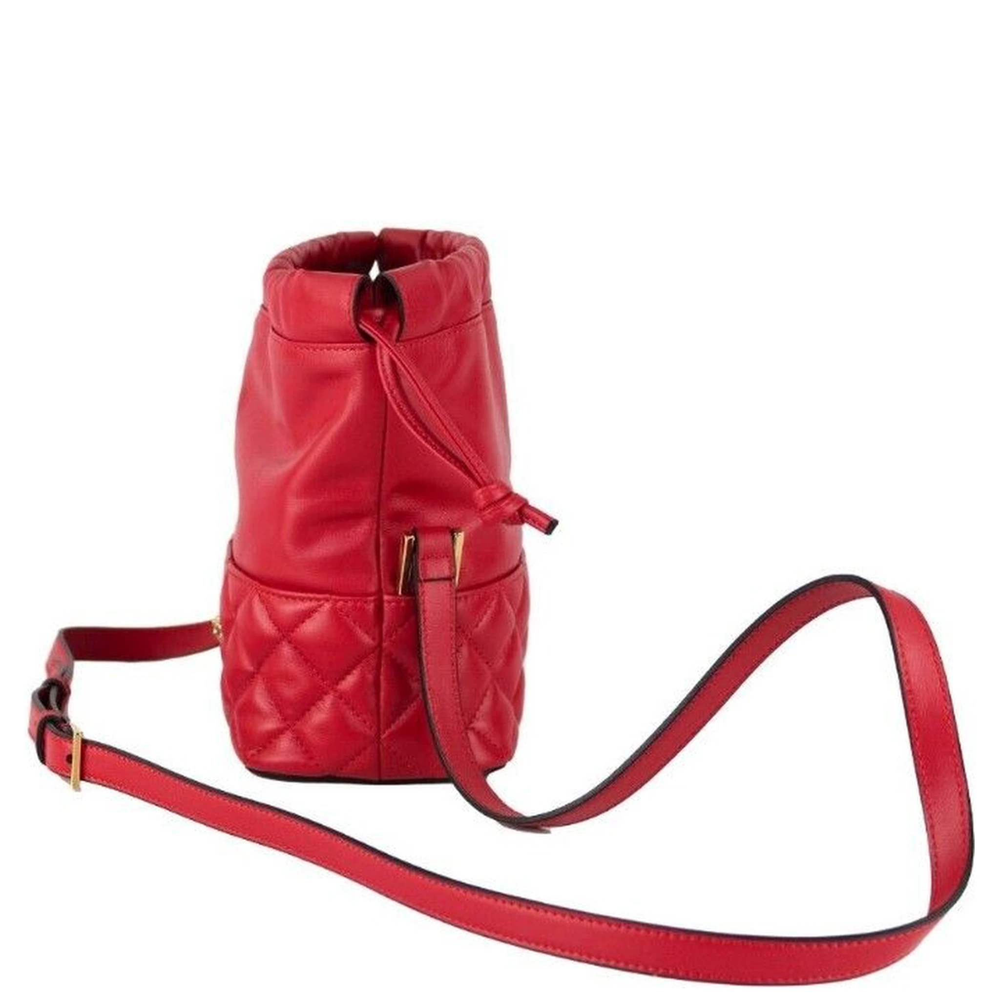 Red Quilted Leather Drawstring Shoulder Bag Bucket Crossbody Handbag