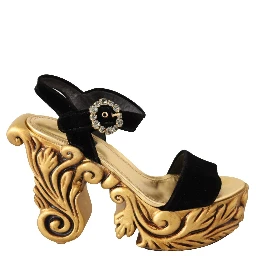 Black Gold Baroque Velvet Heels Crystal Shoes