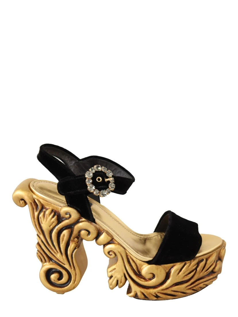 Black Gold Baroque Velvet Heels Crystal Shoes