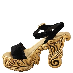 Black Gold Baroque Velvet Heels Crystal Shoes