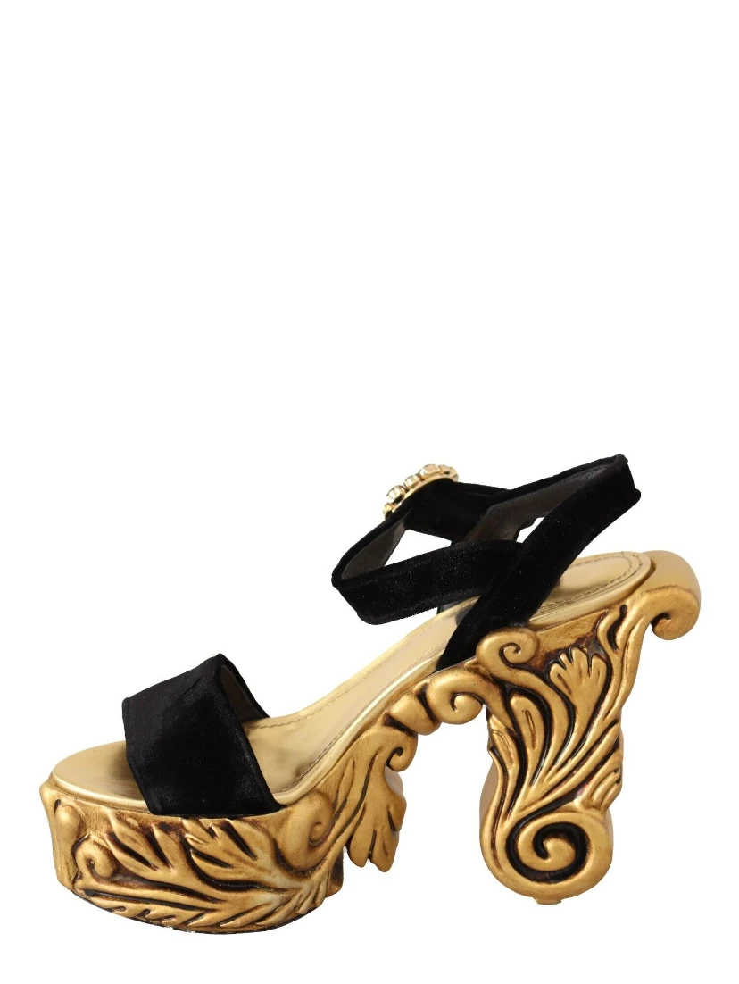 Black Gold Baroque Velvet Heels Crystal Shoes