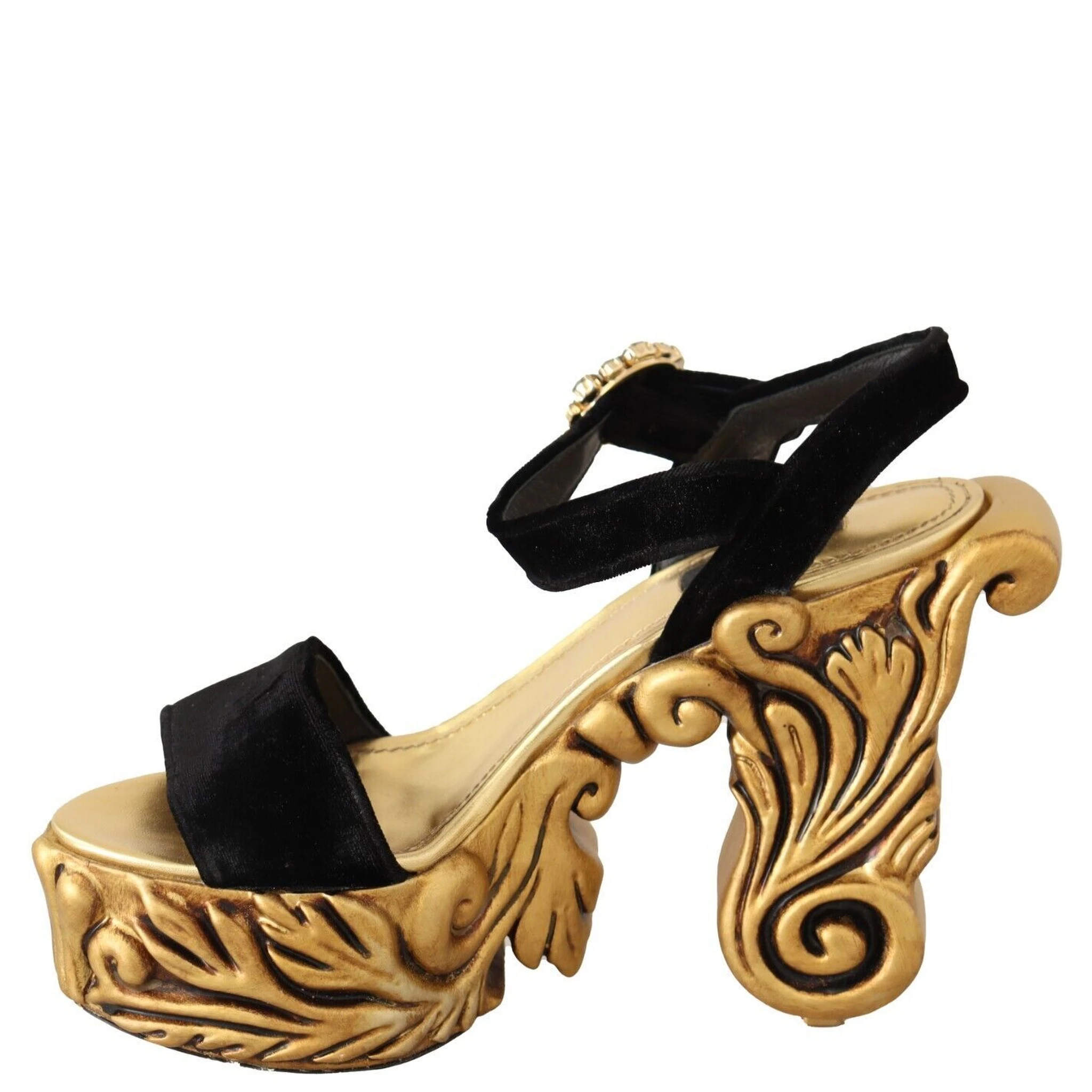 Black Gold Baroque Velvet Heels Crystal Shoes