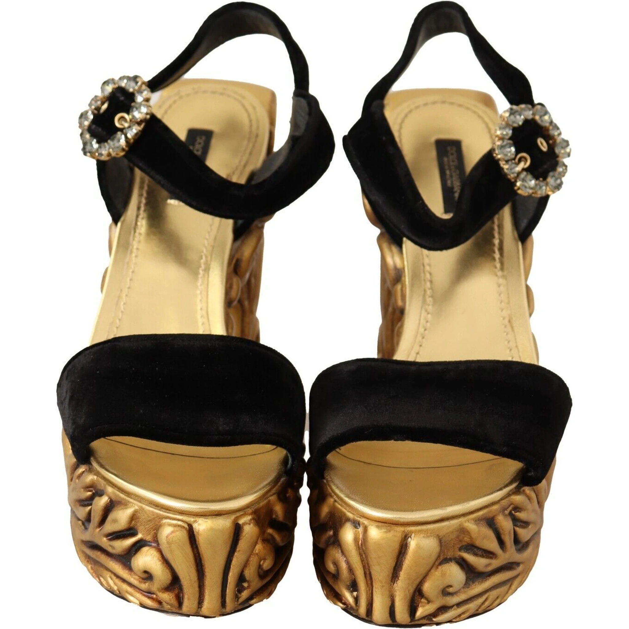 Black Gold Baroque Velvet Heels Crystal Shoes