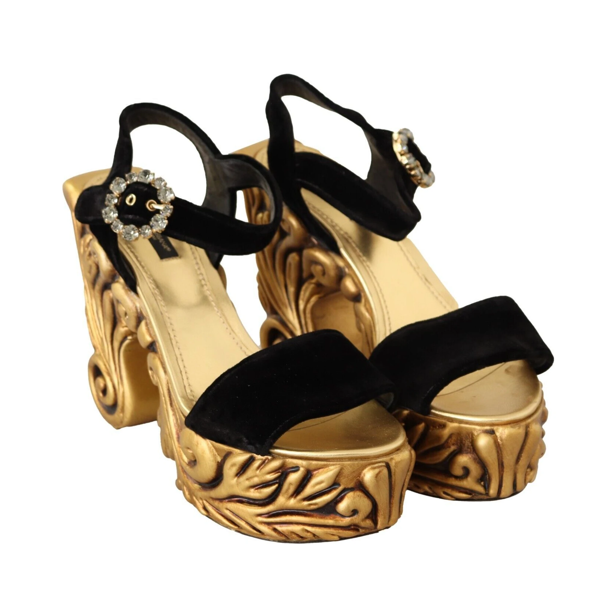 Black Gold Baroque Velvet Heels Crystal Shoes