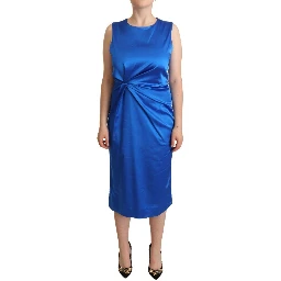 Blue Acetate Sleeveless Pleated Midi Sheath Dress