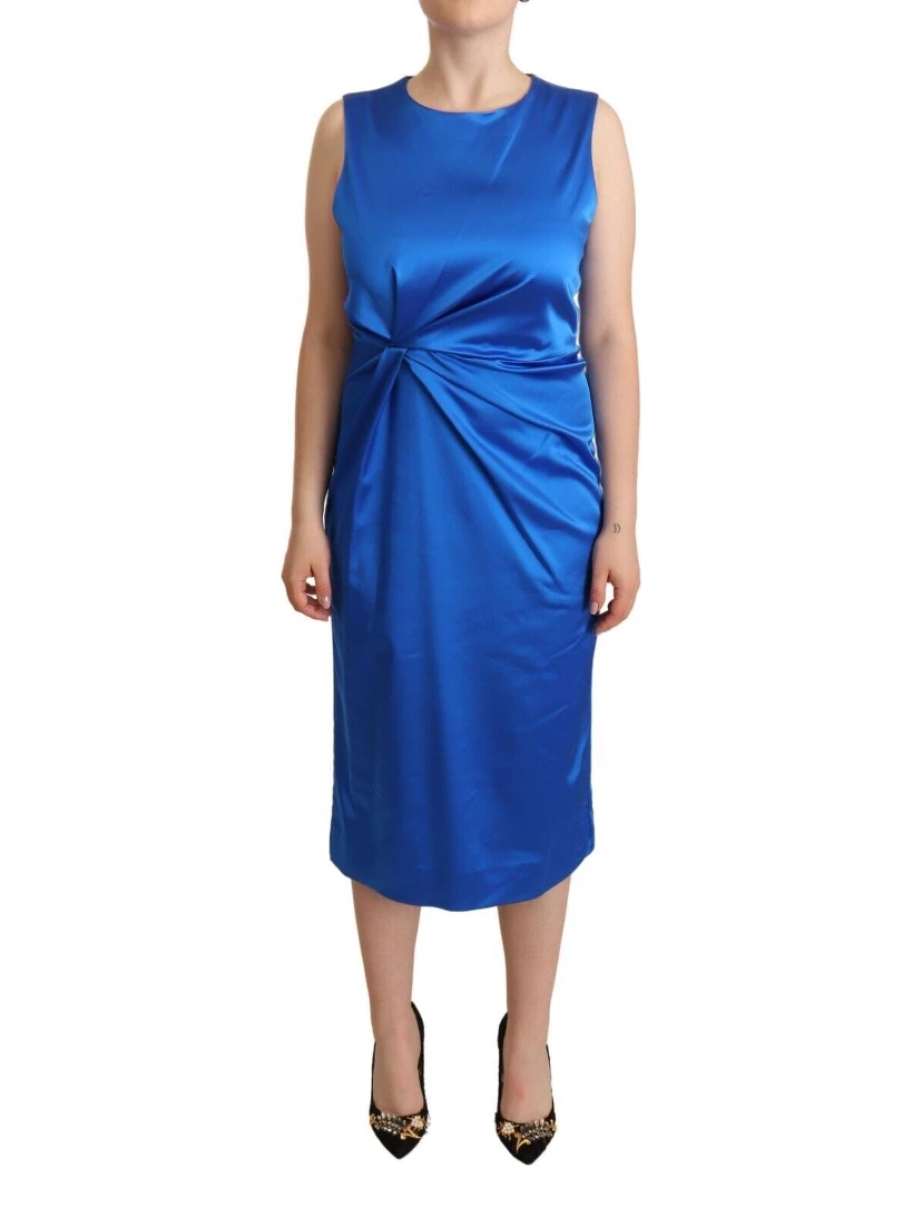 Blue Acetate Sleeveless Pleated Midi Sheath Dress