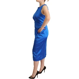 Blue Acetate Sleeveless Pleated Midi Sheath Dress