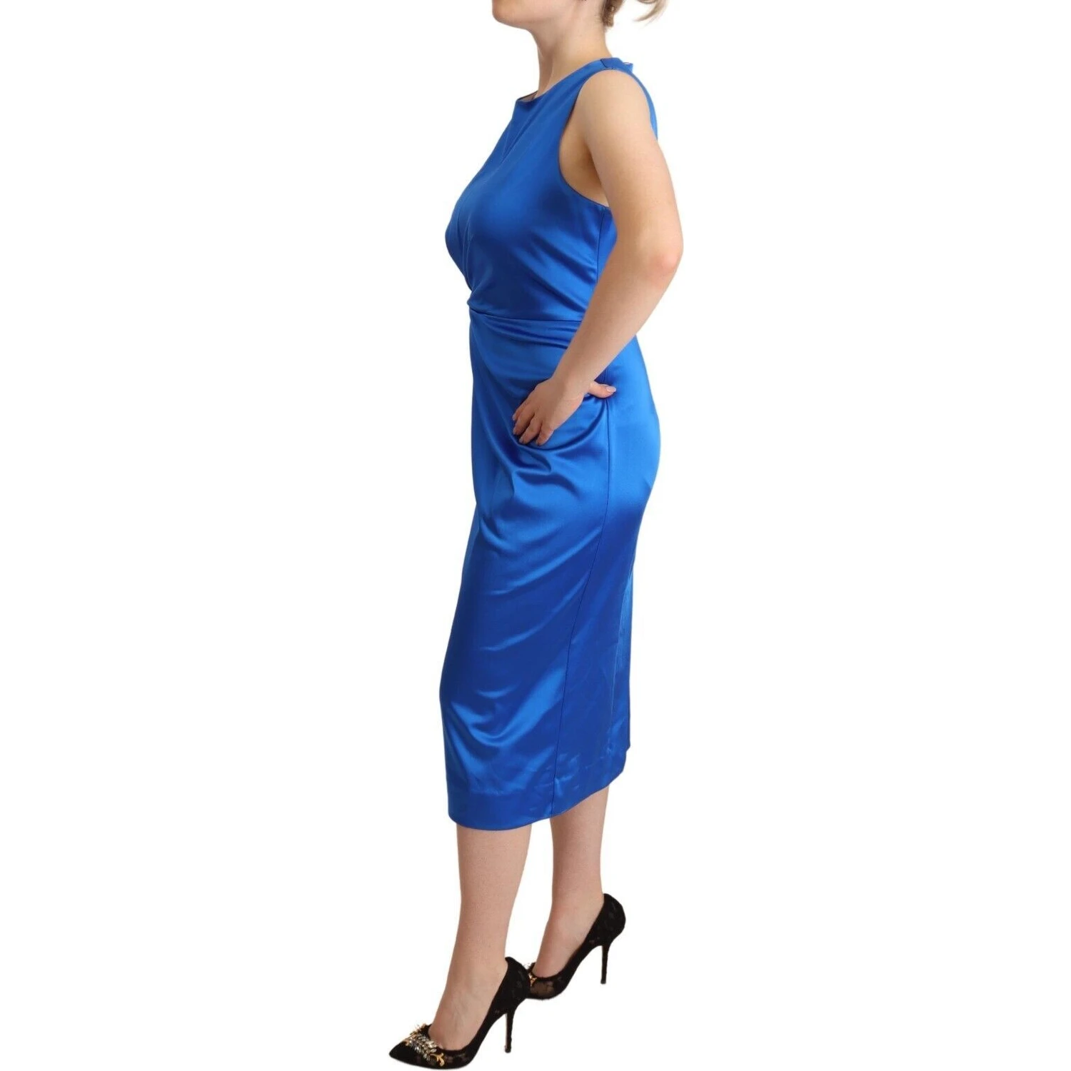 Blue Acetate Sleeveless Pleated Midi Sheath Dress