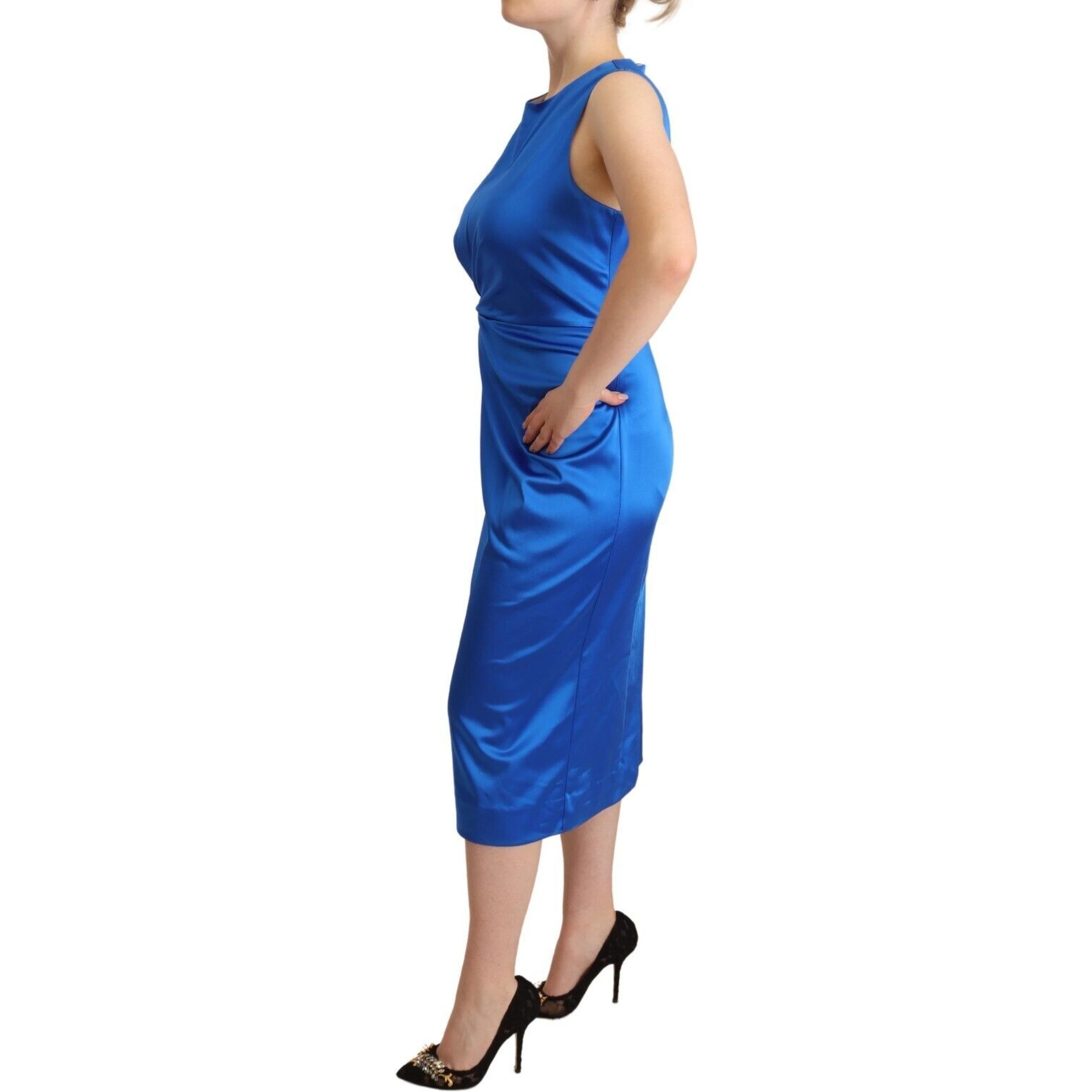 Blue Acetate Sleeveless Pleated Midi Sheath Dress