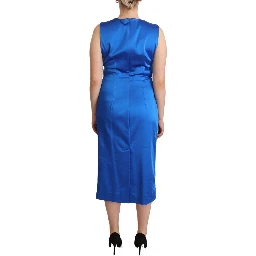 Blue Acetate Sleeveless Pleated Midi Sheath Dress