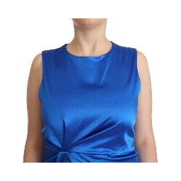 Blue Acetate Sleeveless Pleated Midi Sheath Dress