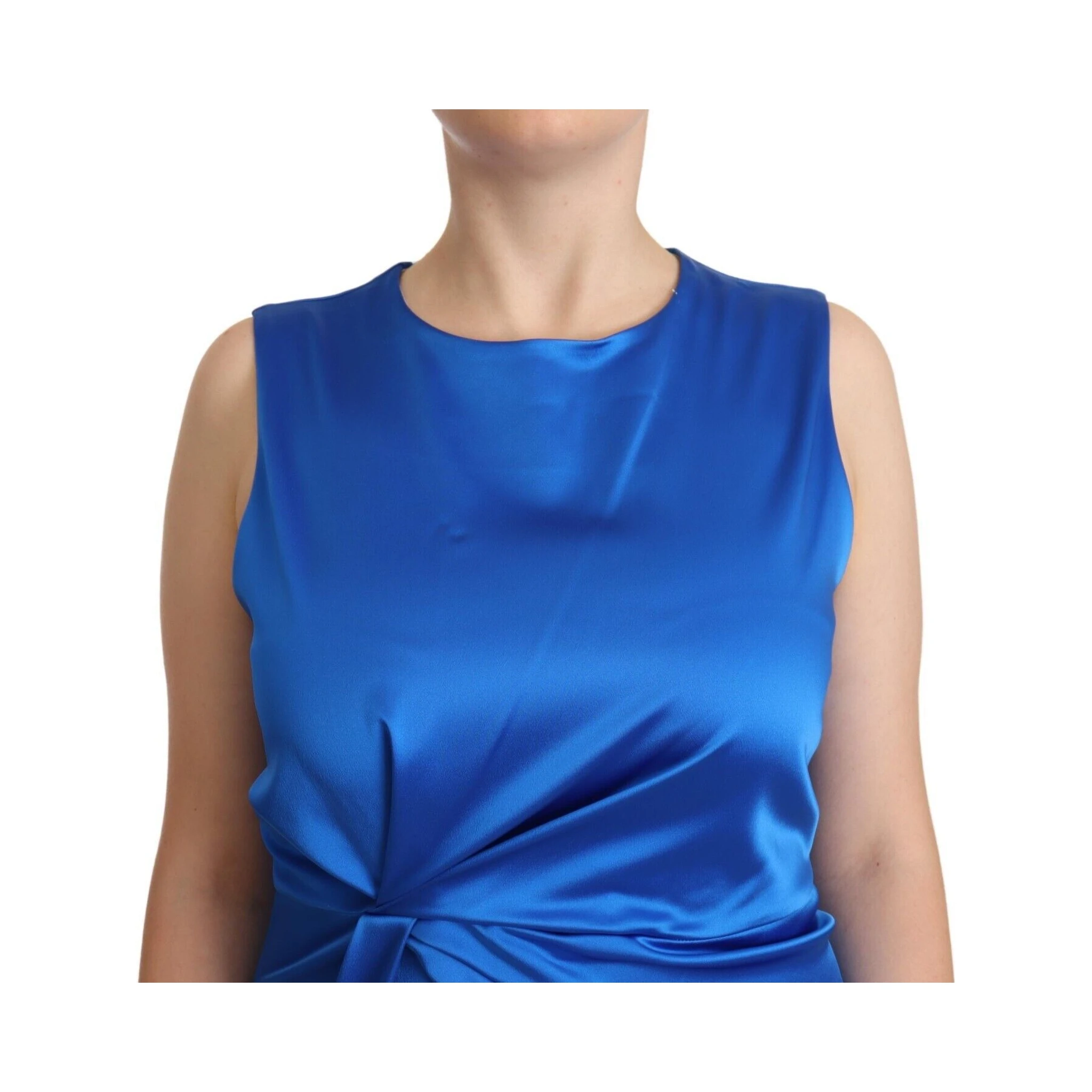 Blue Acetate Sleeveless Pleated Midi Sheath Dress