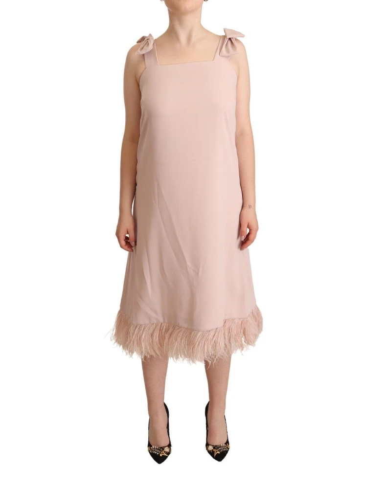 Pink Polyester Sleeveless Midi Feather Shift Dress