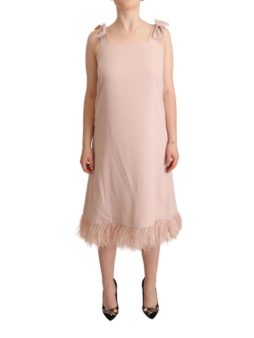 Pink Polyester Sleeveless Midi Feather Shift Dress