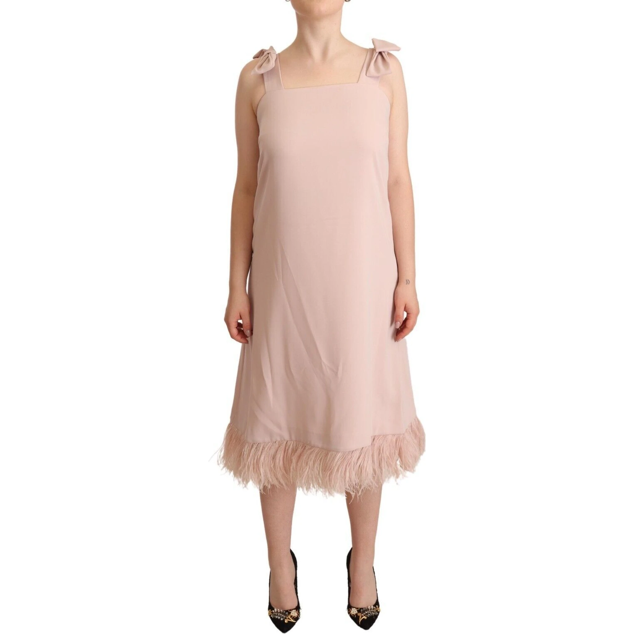 Pink Polyester Sleeveless Midi Feather Shift Dress