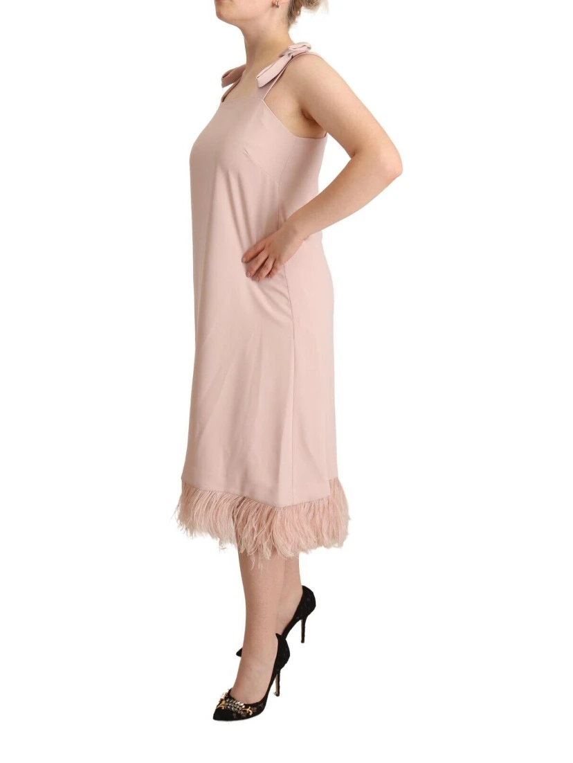 Pink Polyester Sleeveless Midi Feather Shift Dress