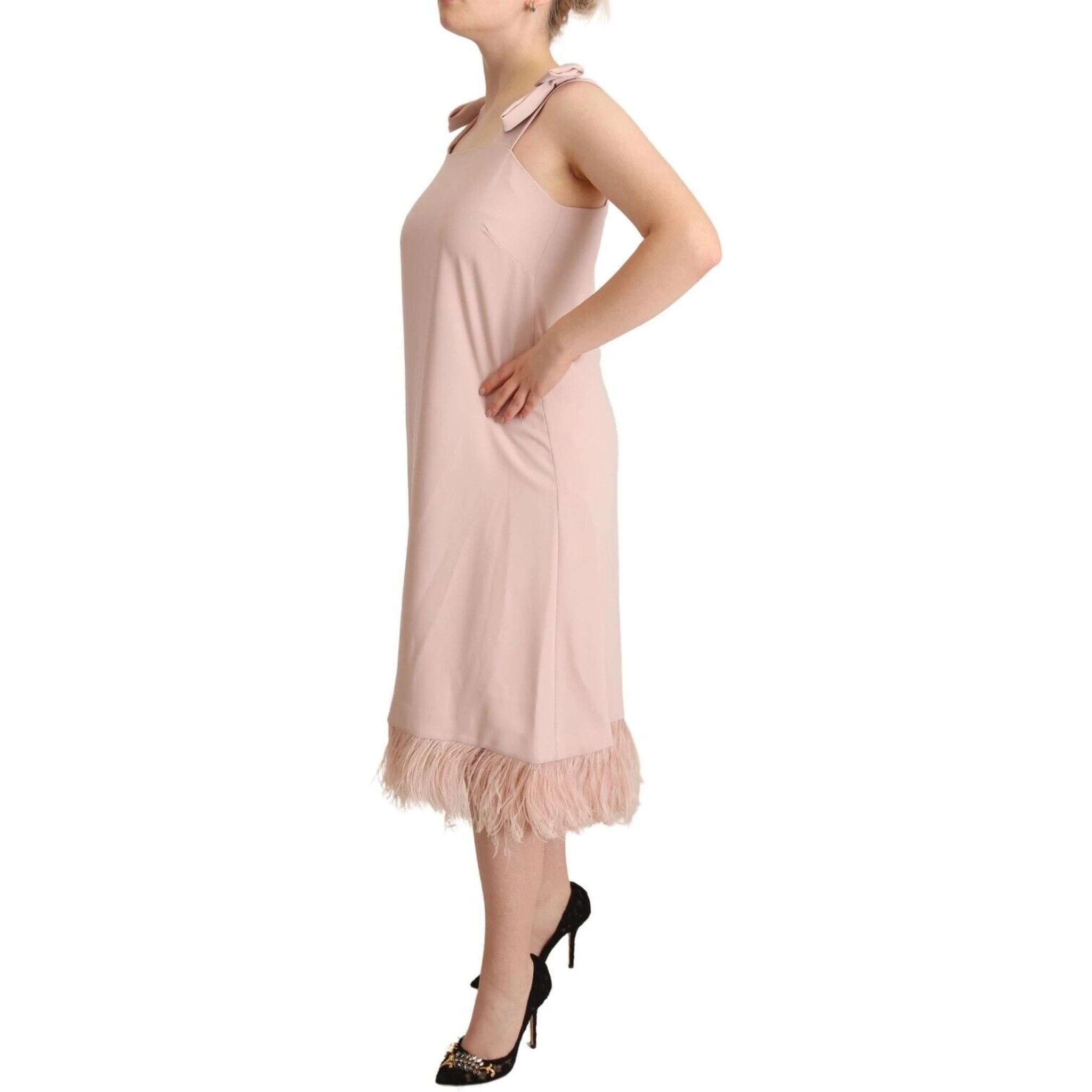 Pink Polyester Sleeveless Midi Feather Shift Dress