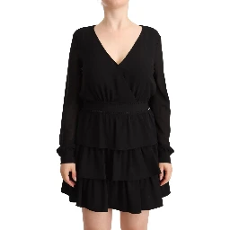 Black Polyester Long Sleeves V-neck Mini A-line Dress
