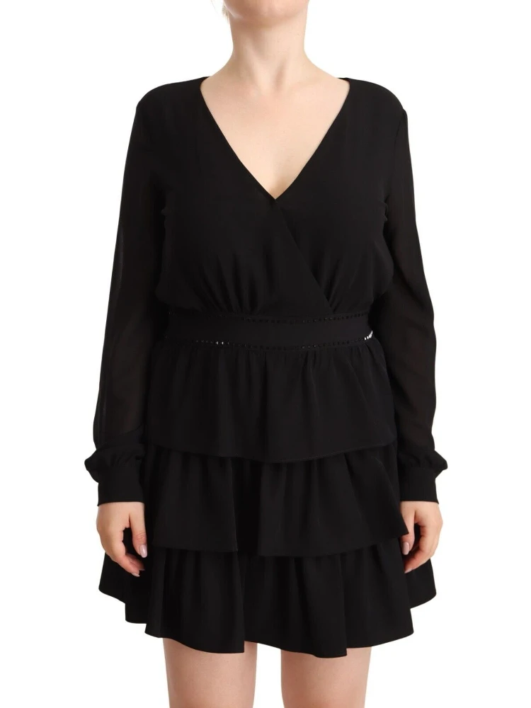 Black Polyester Long Sleeves V-neck Mini A-line Dress