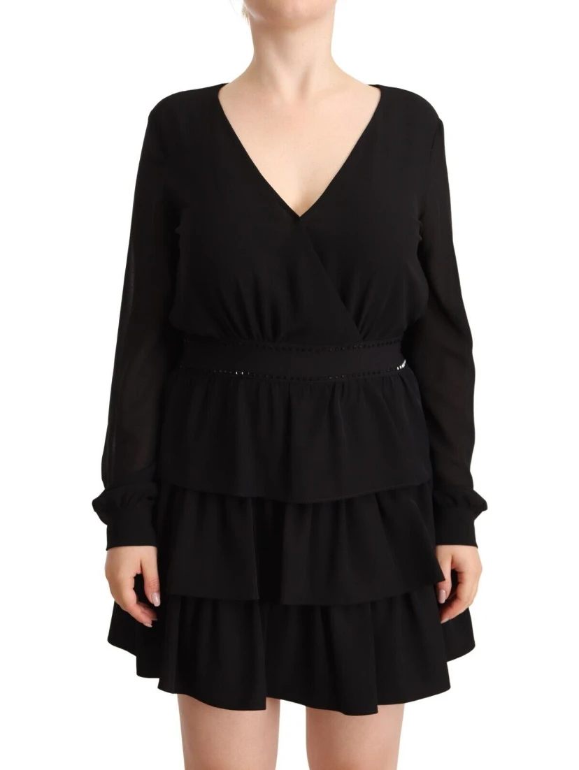 Black Polyester Long Sleeves V-neck Mini A-line Dress