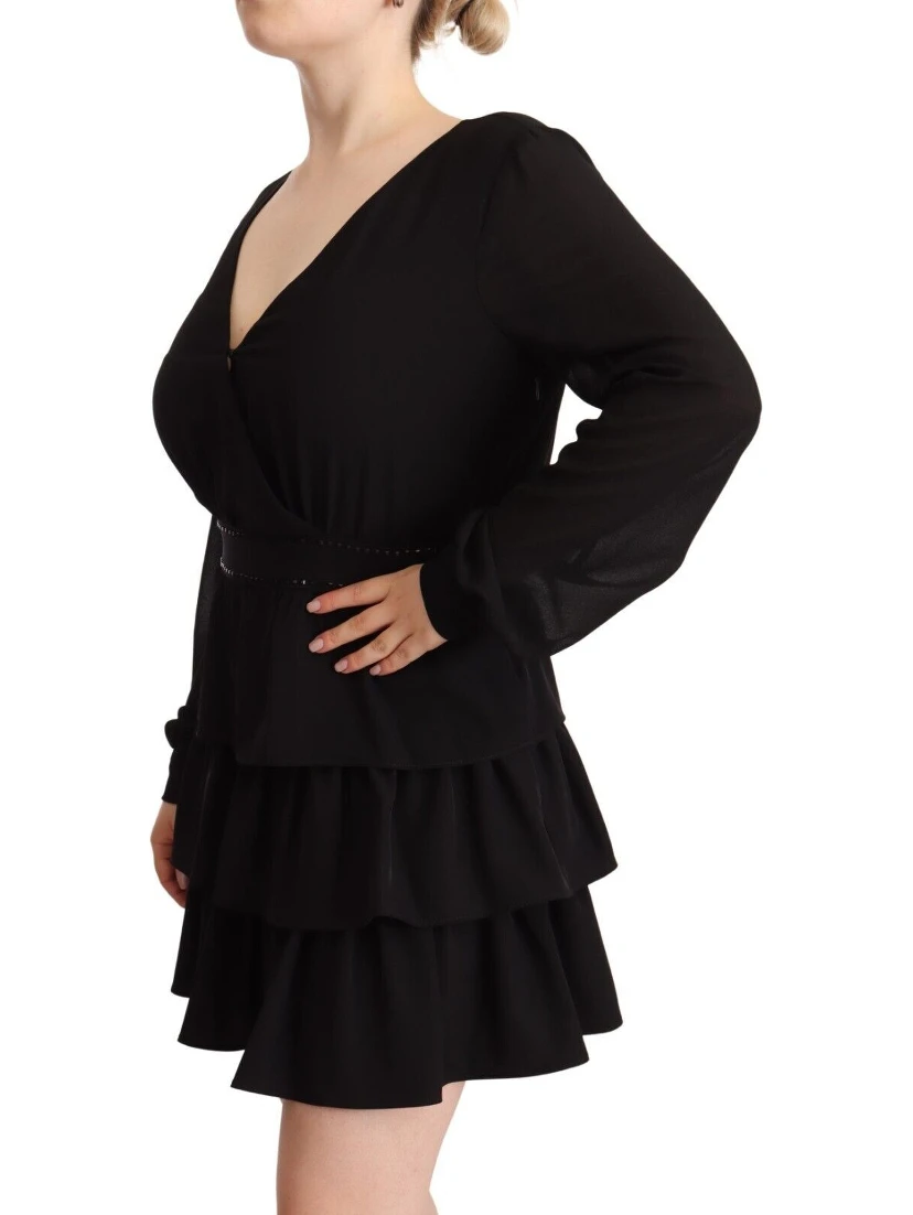 Black Polyester Long Sleeves V-neck Mini A-line Dress