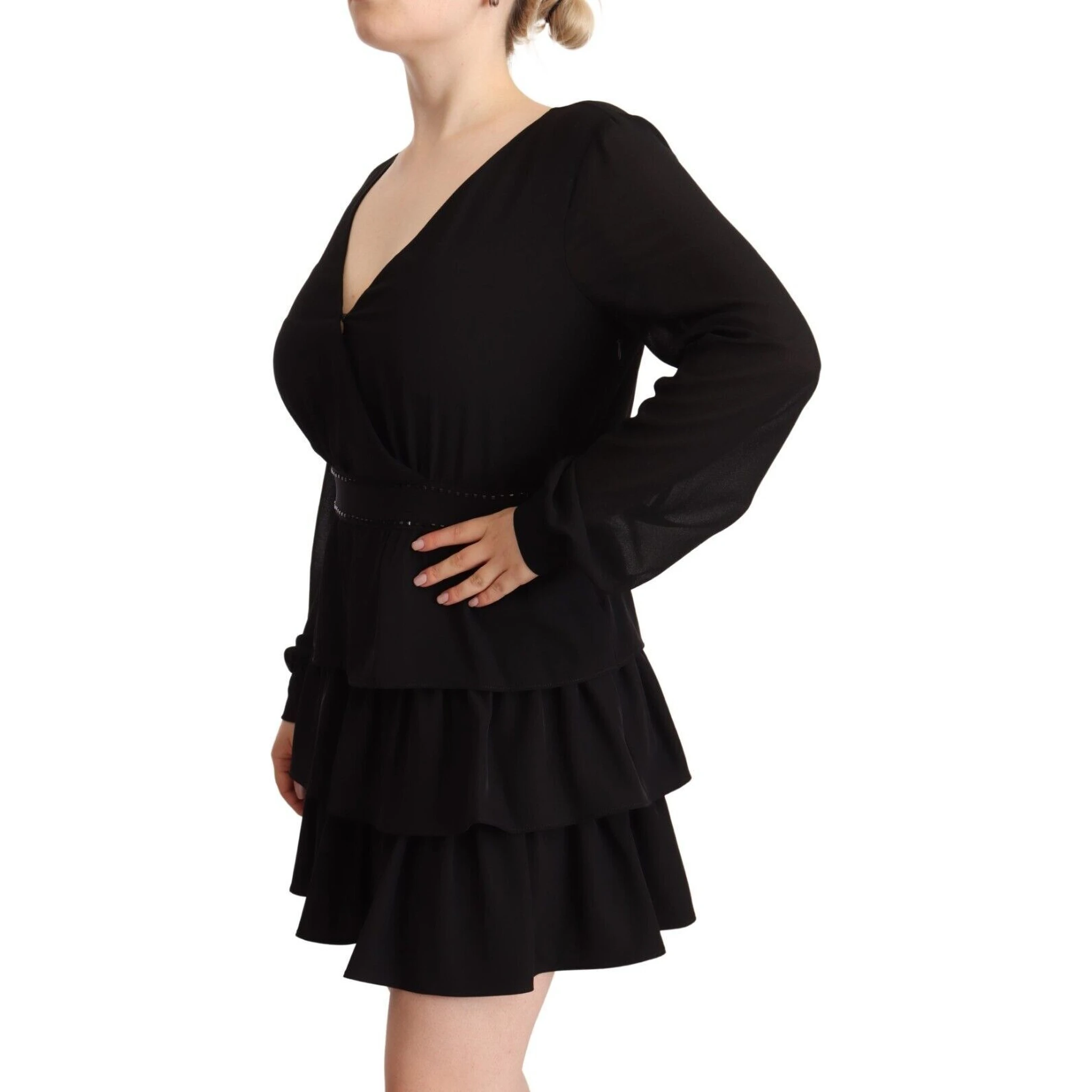 Black Polyester Long Sleeves V-neck Mini A-line Dress