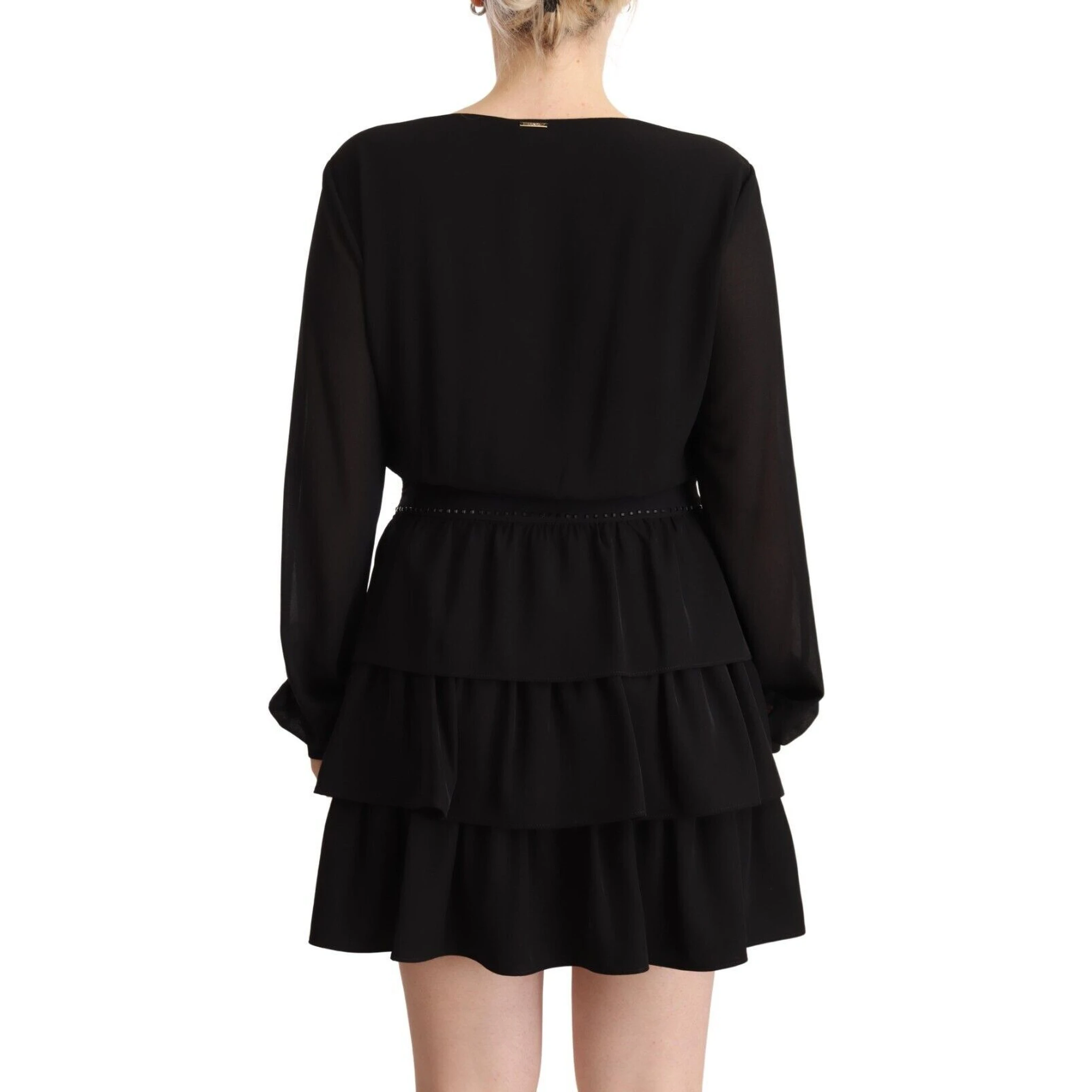 Black Polyester Long Sleeves V-neck Mini A-line Dress
