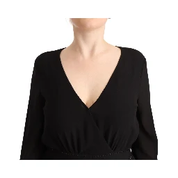 Black Polyester Long Sleeves V-neck Mini A-line Dress