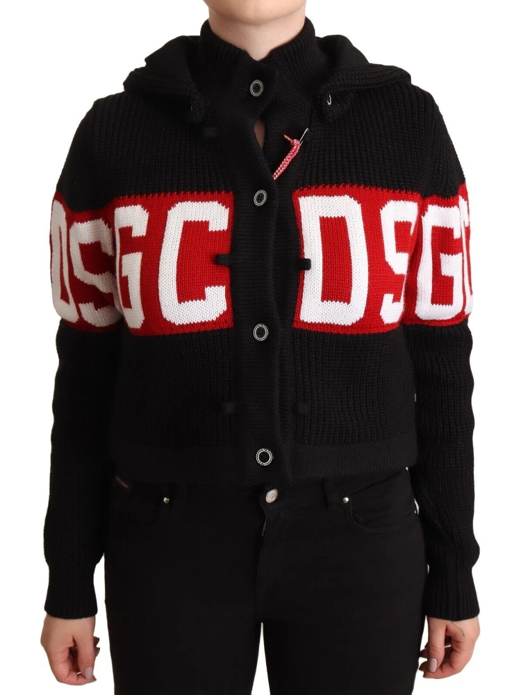Black Cashmere Hooded Button Down Logo Cardigan Jacket