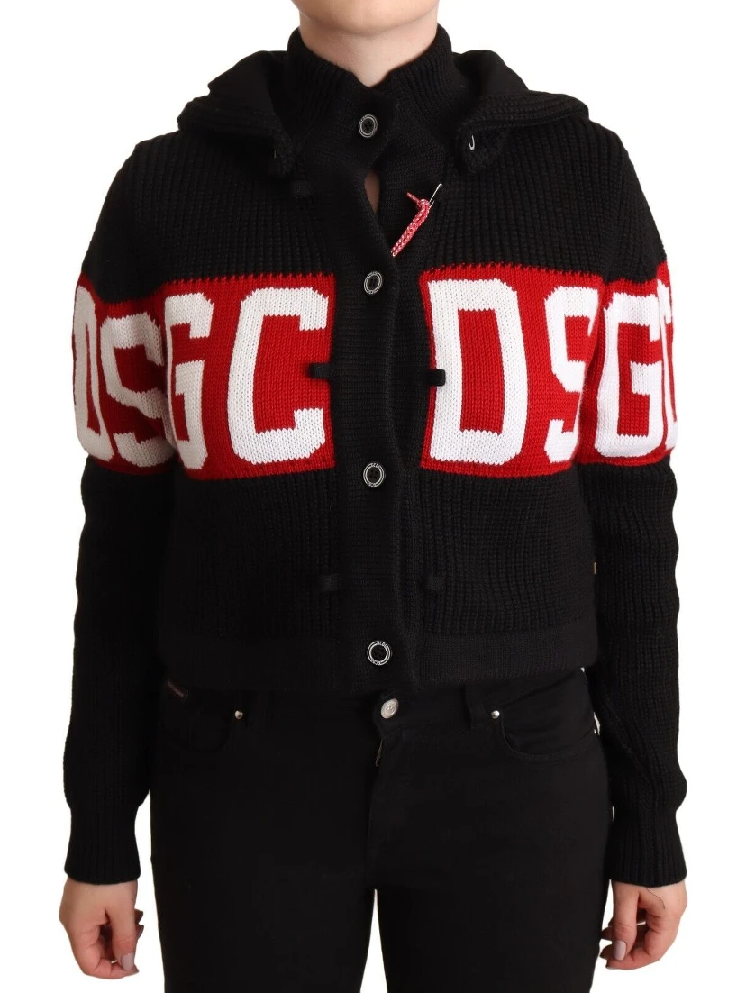 Black Cashmere Hooded Button Down Logo Cardigan Jacket