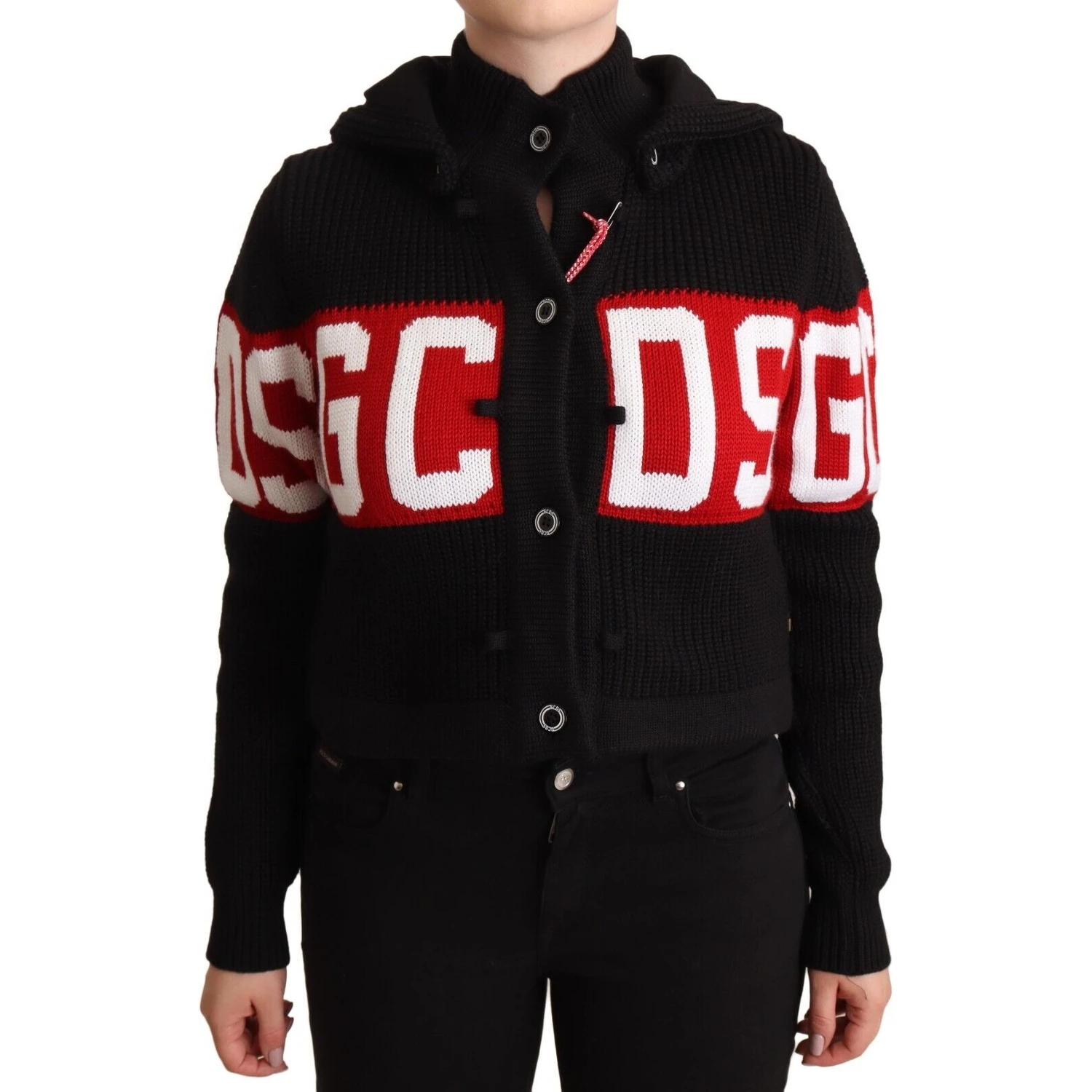Black Cashmere Hooded Button Down Logo Cardigan Jacket