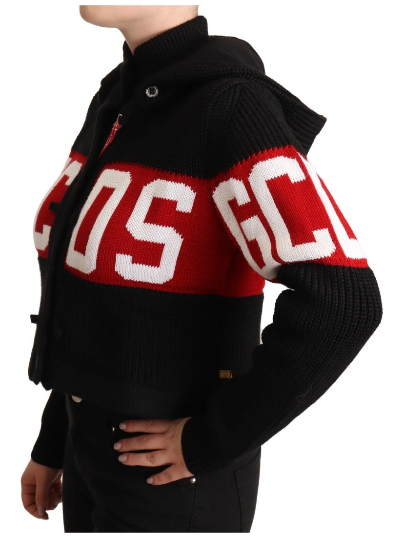 Black Cashmere Hooded Button Down Logo Cardigan Jacket