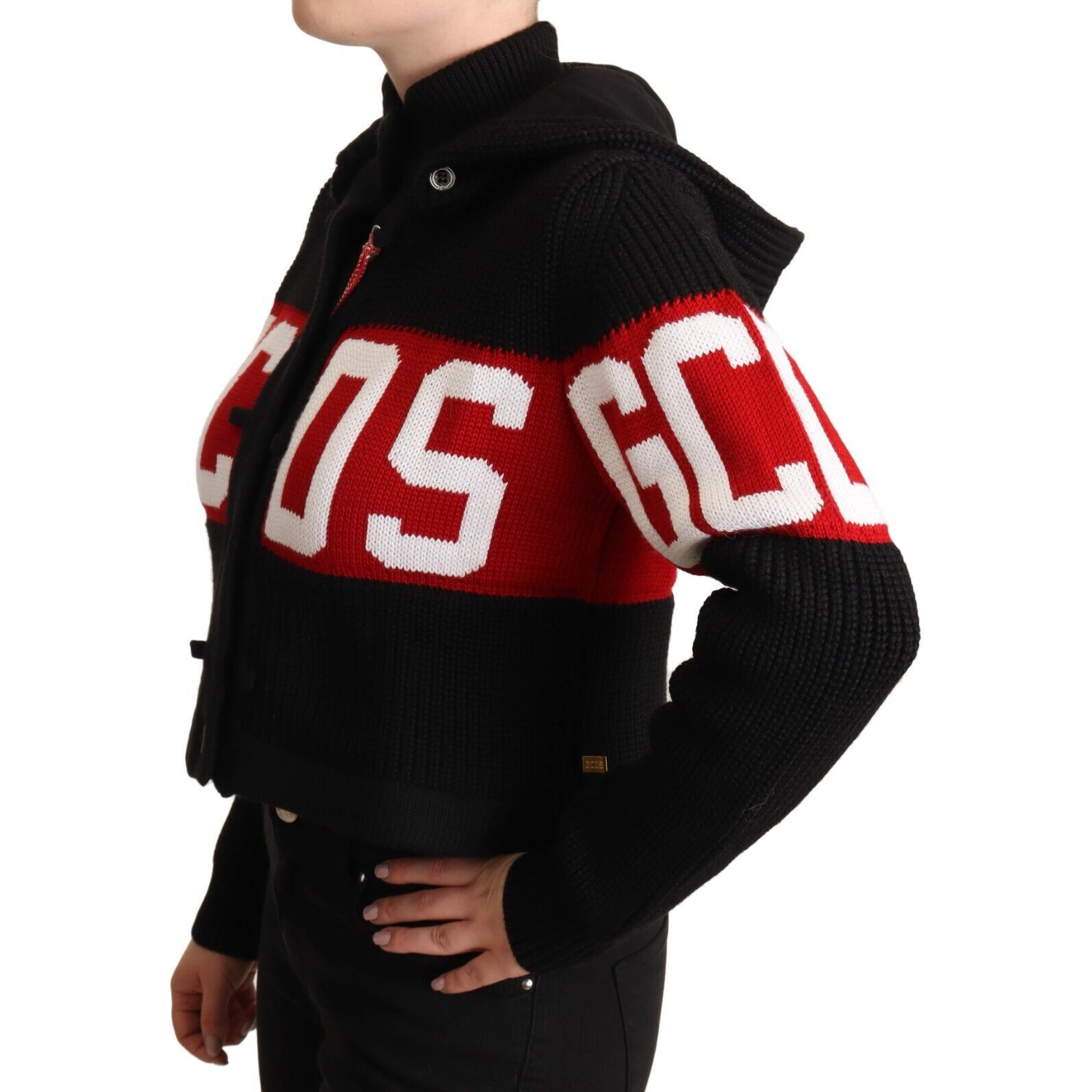 Black Cashmere Hooded Button Down Logo Cardigan Jacket